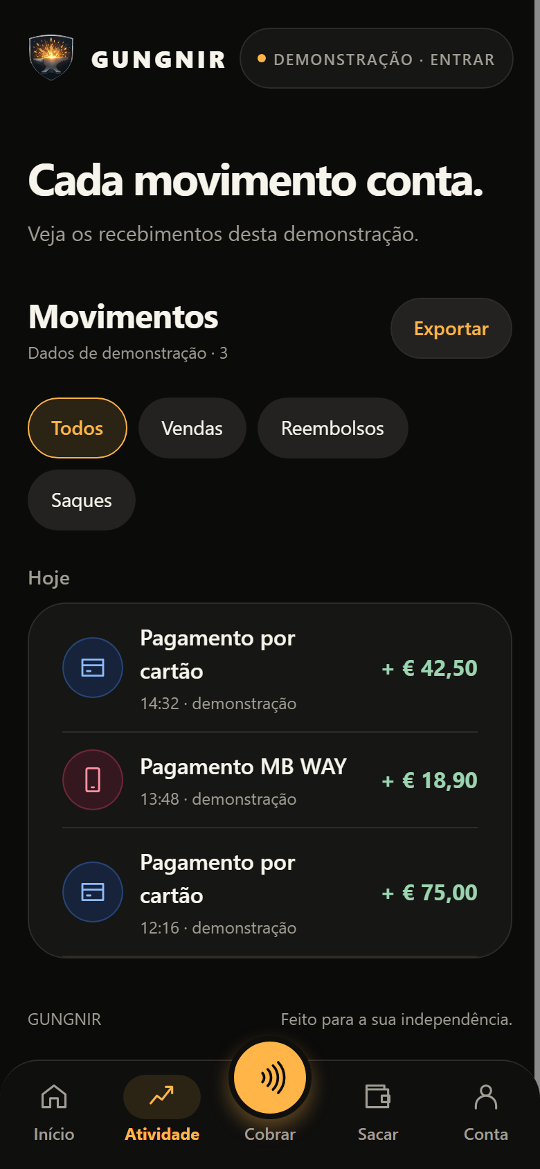 Ecrã Atividade: lista de movimentos de demonstração com filtros Todos, Vendas, Reembolsos e Saques