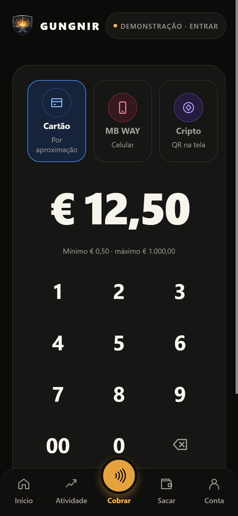 Ecrã Cobrar da aplicação, com o teclado e o valor 12,50 euros