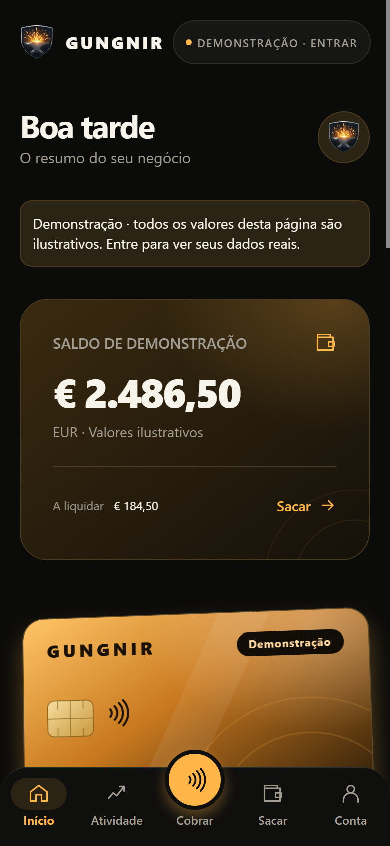 Ecrã Início da aplicação, com o saldo de demonstração