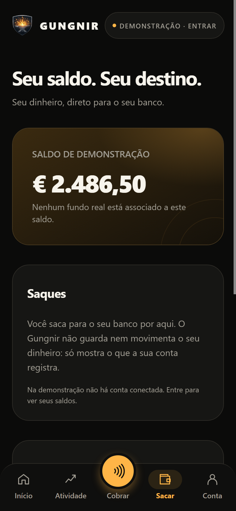 Ecrã de levantamentos: saldo de demonstração e a escolha do destino para receber